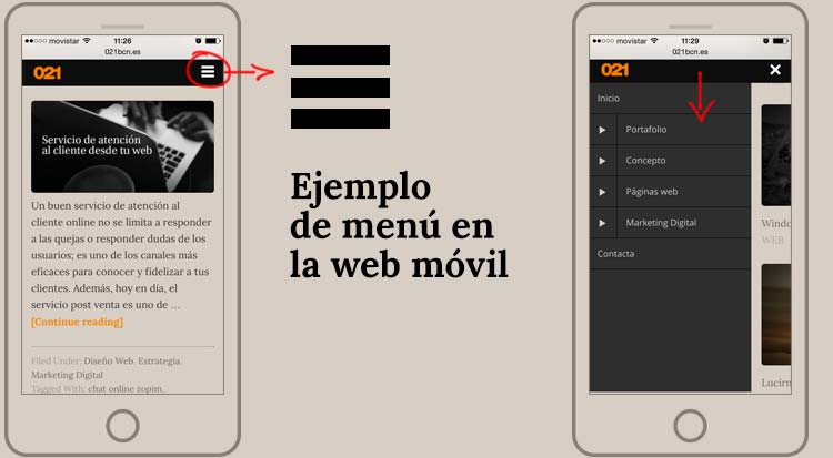 Usabilidad en la web móvil ejemplo menu